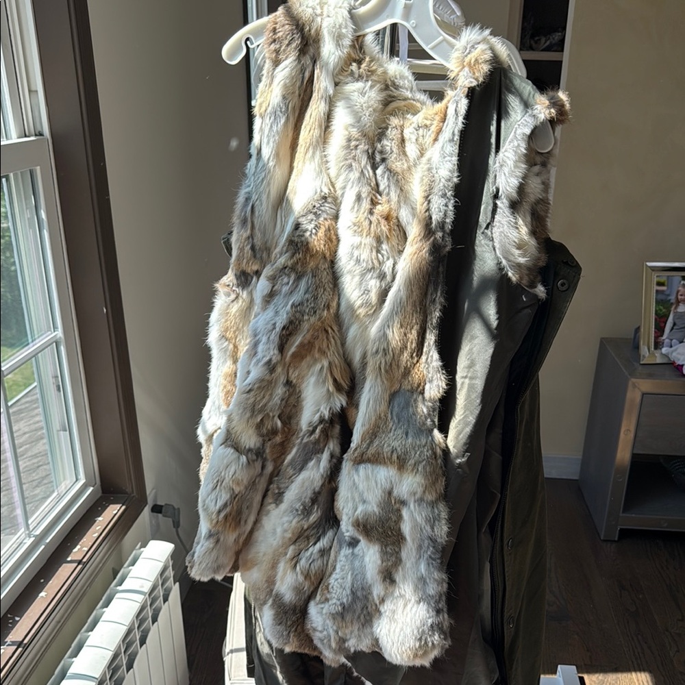 Adrienne Landau Olive Parka with real rabbit Fur Vest and hood lining small - Picture 2 of 7